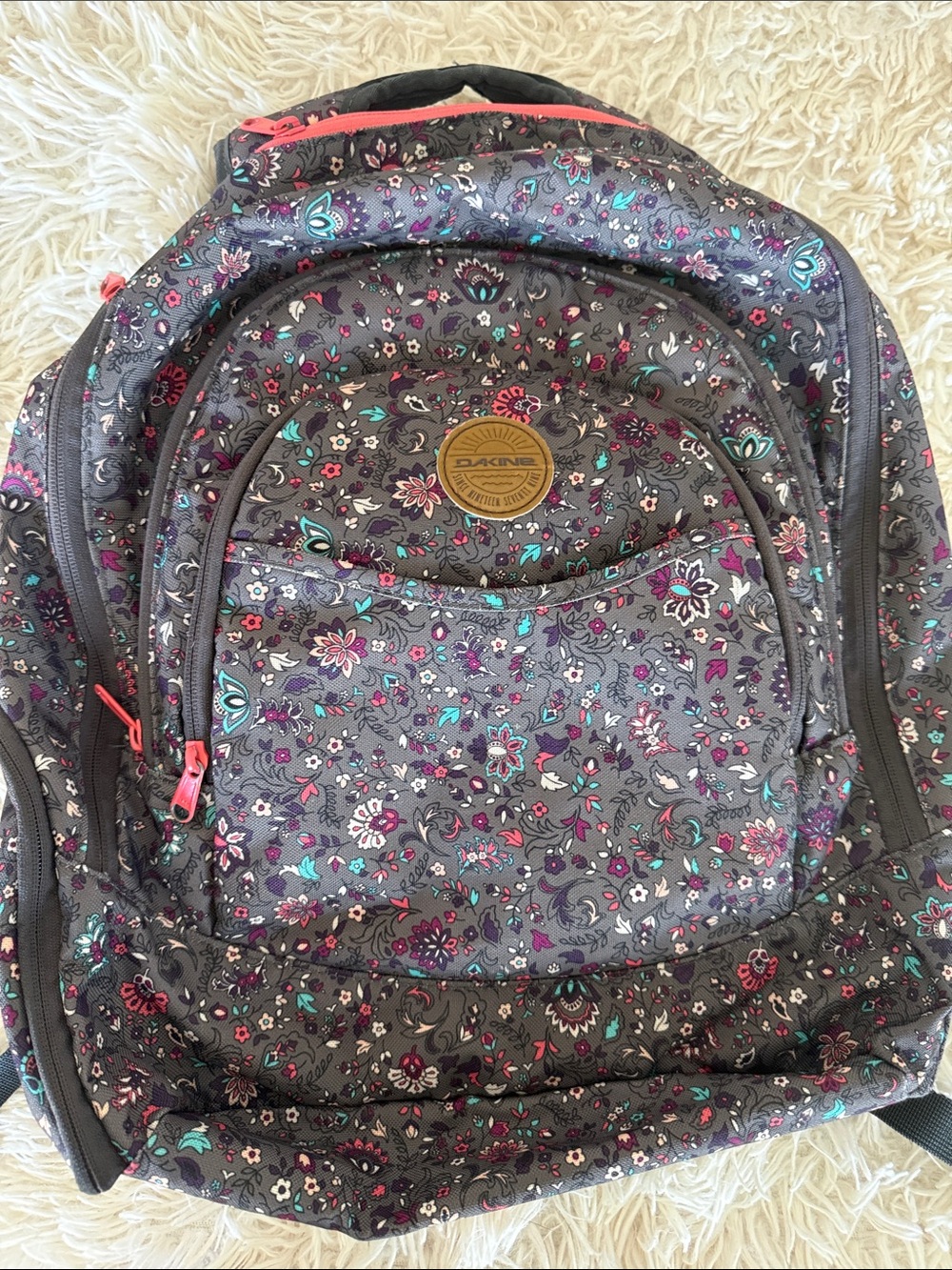 Dakine Floral Gray Backpack with Pink & Teal Highlights